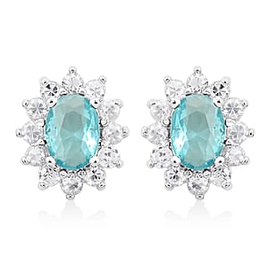 Simulated Blue and White Diamond Halo Stud Earrings in Silvertone