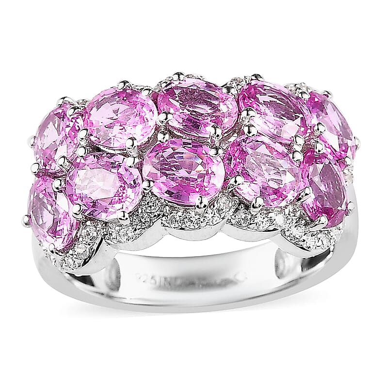 Premium Madagascar Pink Sapphire and White Zircon 4.65 ctw Ring in Rhodium Over Sterling Silver (Size 4.0)