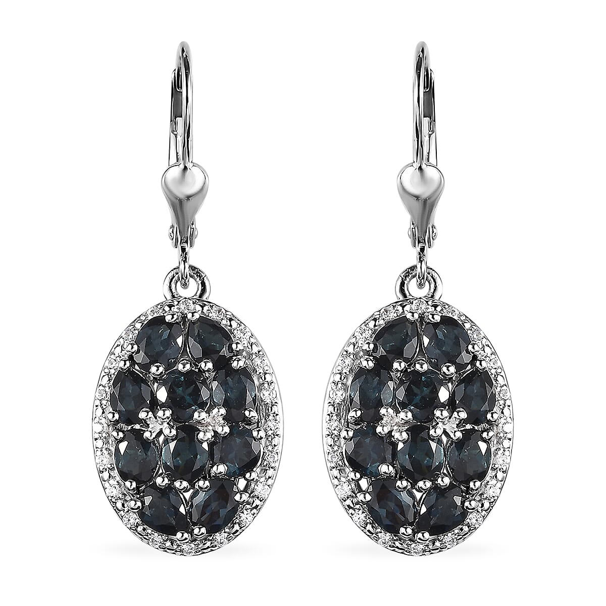Premium Monte Belo Indicolite and White Zircon 3.30 ctw Lever Back Earrings in Rhodium Over Sterling Silver