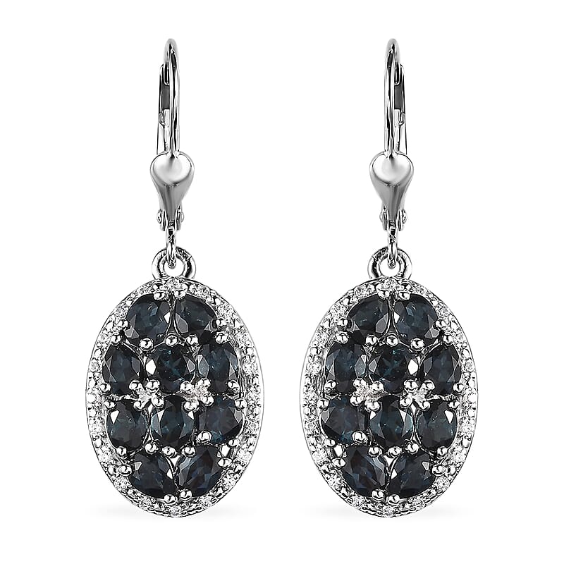 Premium Monte Belo Indicolite and White Zircon 3.30 ctw Lever Back Earrings in Rhodium Over Sterling Silver