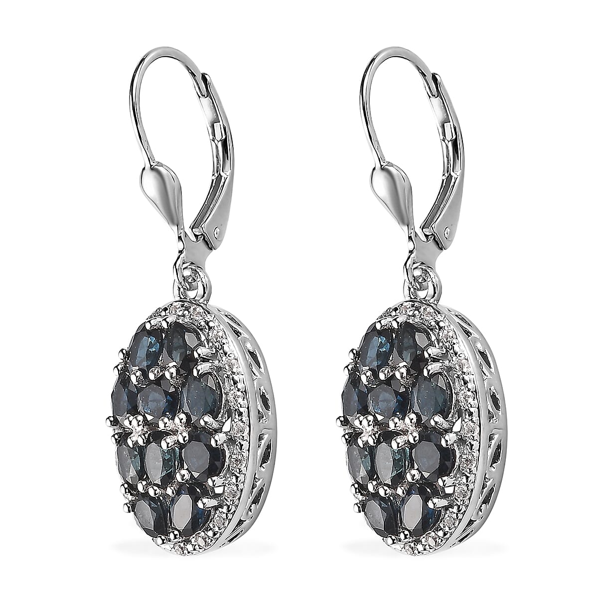 Premium Monte Belo Indicolite and White Zircon 3.30 ctw Lever Back Earrings in Rhodium Over Sterling Silver