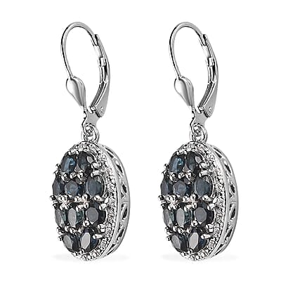 Premium Monte Belo Indicolite and White Zircon 3.30 ctw Lever Back Earrings in Rhodium Over Sterling Silver