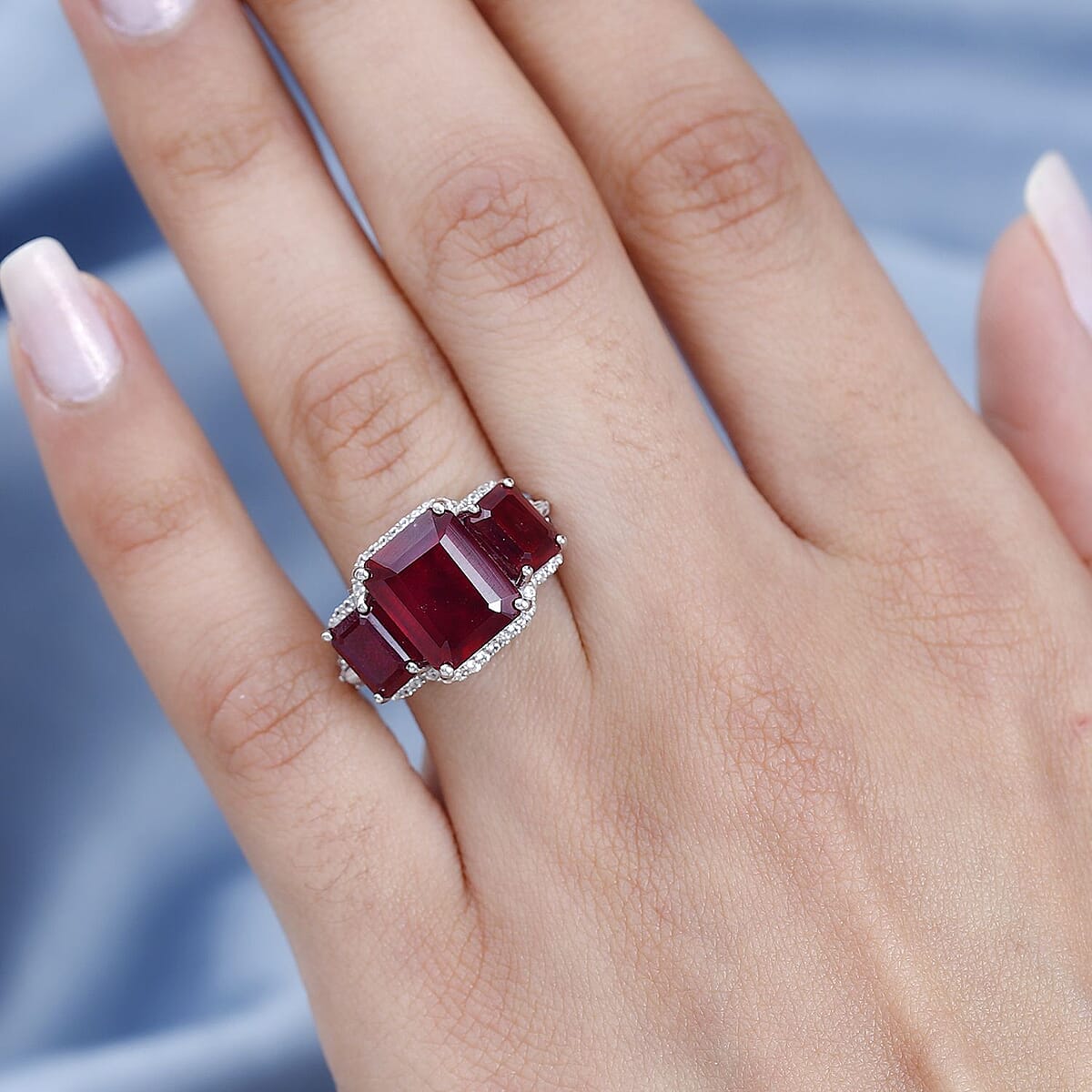 Niassa Ruby (FF) and White Zircon Ring in Platinum Over Sterling Silver (Size 10.0) 11.90 ctw image number 2