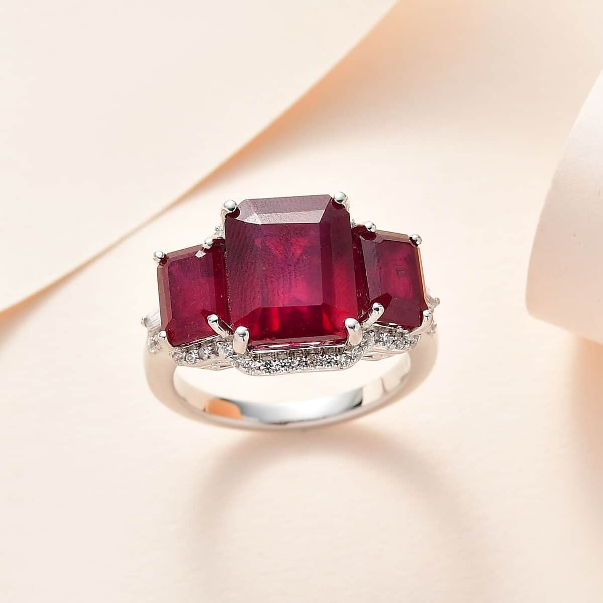 Niassa Ruby (FF) and White Zircon Ring in Platinum Over Sterling Silver (Size 7.0) 11.90 ctw image number 1