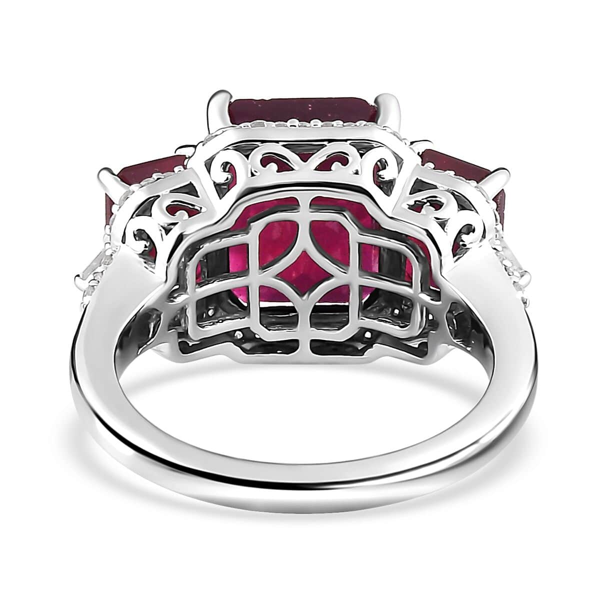 Niassa Ruby (FF), White Zircon Trilogy Ring in Platinum Over Sterling Silver (Size 7.0) 11.00 ctw image number 4