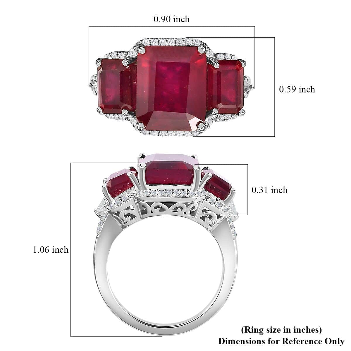 Niassa Ruby (FF), White Zircon Trilogy Ring in Platinum Over Sterling Silver (Size 7.0) 11.00 ctw image number 6