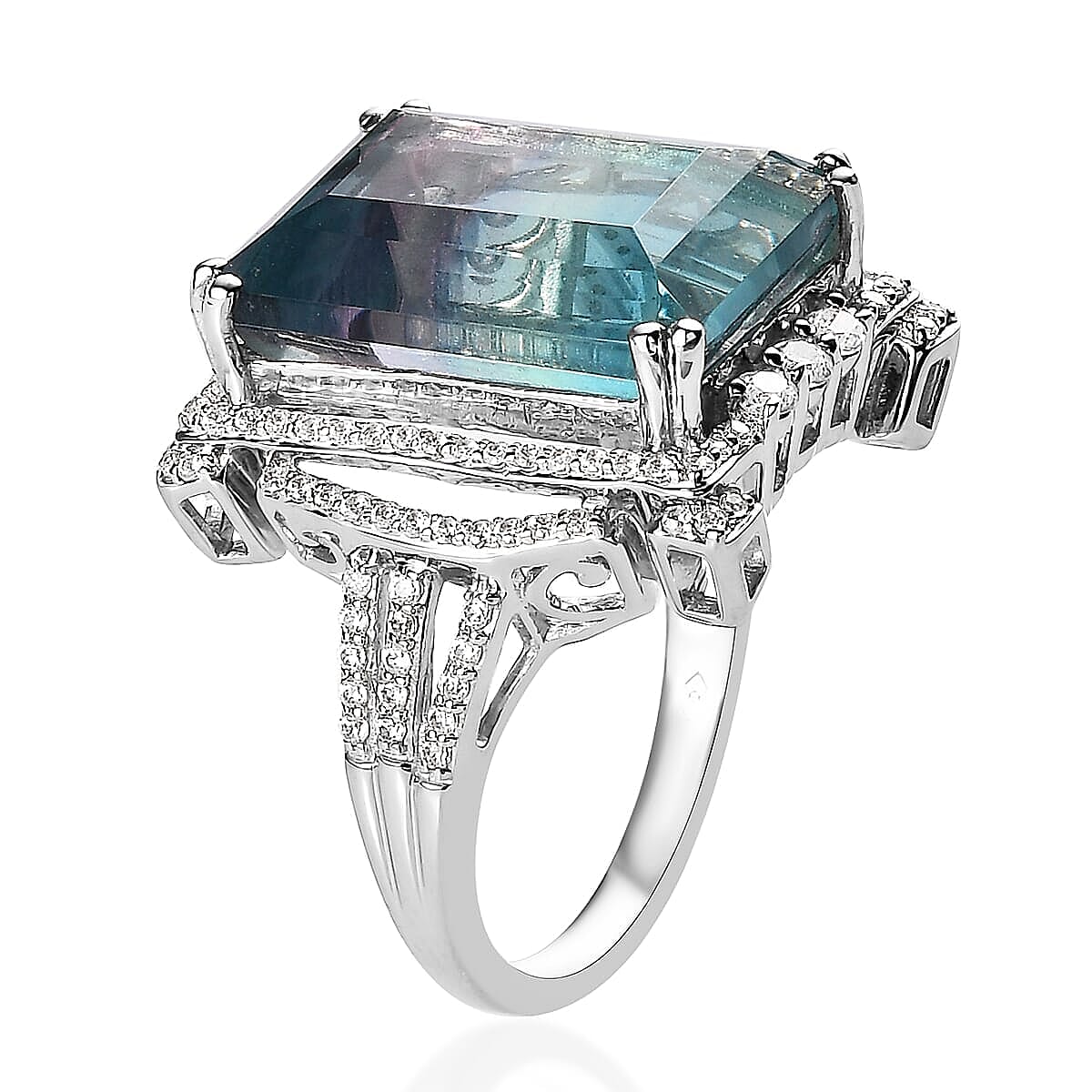 Bi Color Fluorite and White Zircon 17.25 ctw Ring in Rhodium Over Sterling Silver (Size 5.0)