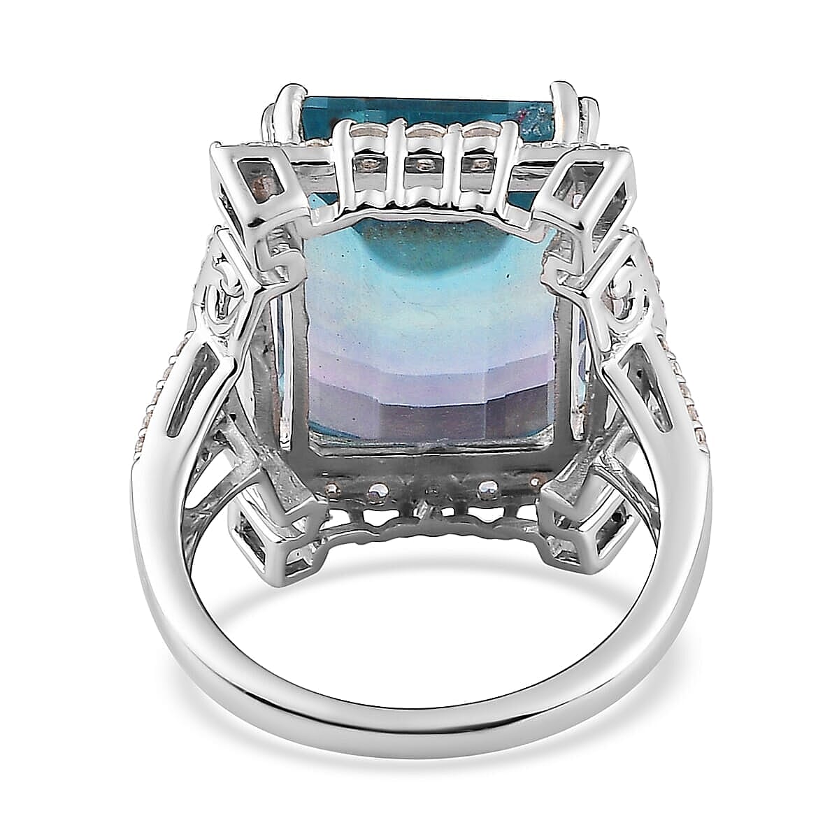 Bi Color Fluorite and White Zircon 17.25 ctw Ring in Rhodium Over Sterling Silver (Size 5.0)