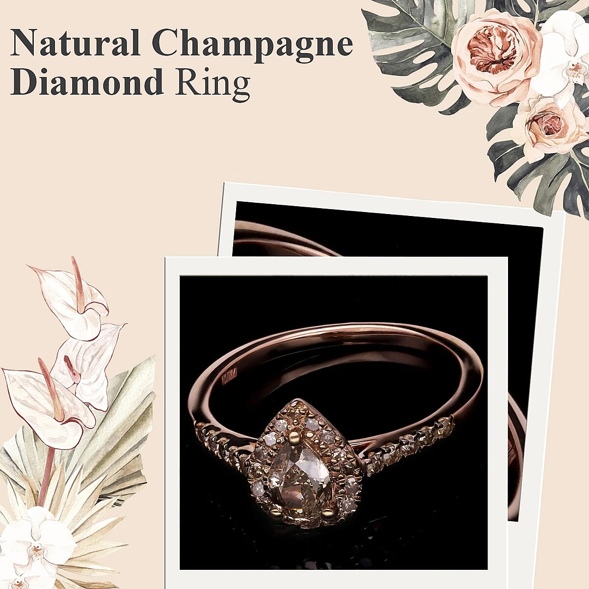 Luxoro Natural Champagne Diamond Ring ,10K Rose Gold Ring ,Natural Champagne Diamond Pear Shape Ring , Halo Ring , Wedding Ring , Engagement Ring 1.00 ctw (Size 9) image number 1