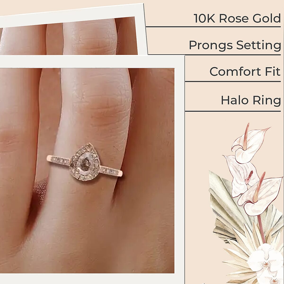 Luxoro Natural Champagne Diamond Ring ,10K Rose Gold Ring ,Natural Champagne Diamond Pear Shape Ring , Halo Ring , Wedding Ring , Engagement Ring 1.00 ctw (Size 9) image number 2
