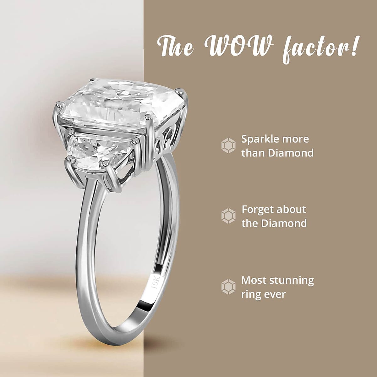 Luxoro Radiant Cut Moissanite 4.15 ctw Ring, Moissanite 3 Stone Ring, 10K White Gold Ring, Gold Three Stone Ring, Gold Jewelry For Her, Engagement Ring (Size 6) image number 3