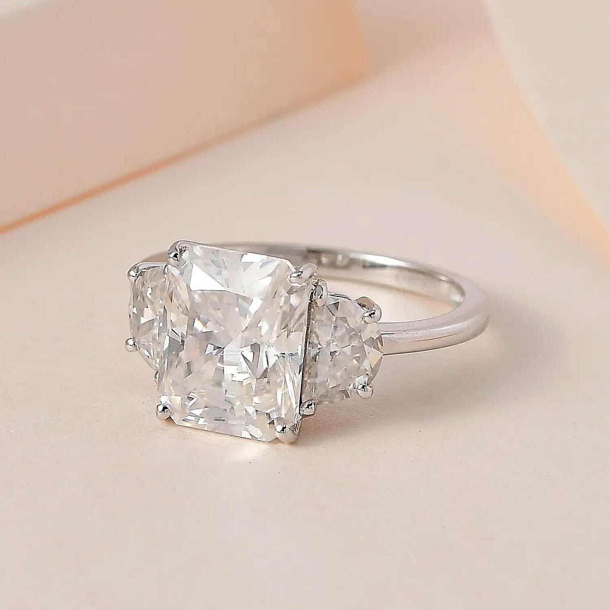 Luxoro Radiant Cut Moissanite 4.15 ctw Ring, Moissanite 3 Stone Ring, 10K White Gold Ring, Gold Three Stone Ring, Gold Jewelry For Her, Engagement Ring (Size 10) image number 1