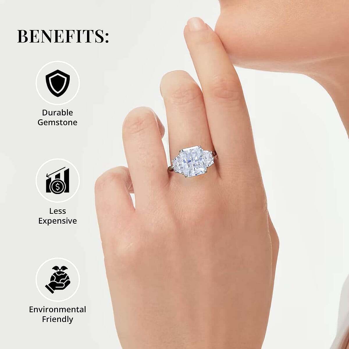 Luxoro Radiant Cut Moissanite 4.15 ctw Ring, Moissanite 3 Stone Ring, 10K White Gold Ring, Gold Three Stone Ring, Gold Jewelry For Her, Engagement Ring (Size 10) image number 4