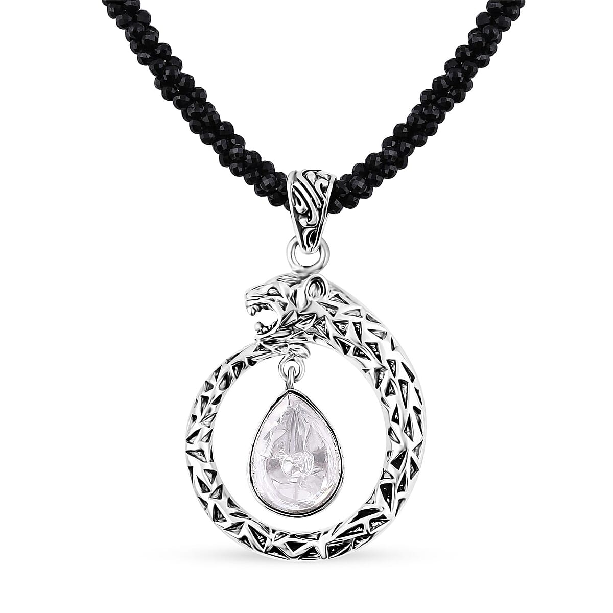 Bali Legacy Polki Moissanite and Thai Black Spinel Beaded Panther Necklace 20 Inches in Sterling Silver 71.40 ctw image number 3