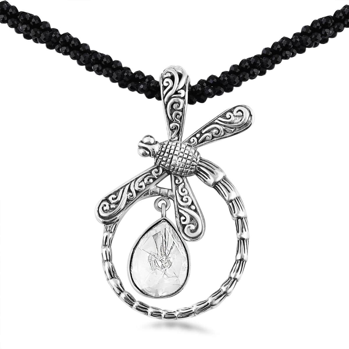 Bali Legacy Polki Moissanite and Thai Black Spinel Beaded Dragonfly Necklace 20 Inches in Sterling Silver 71.40 ctw image number 2