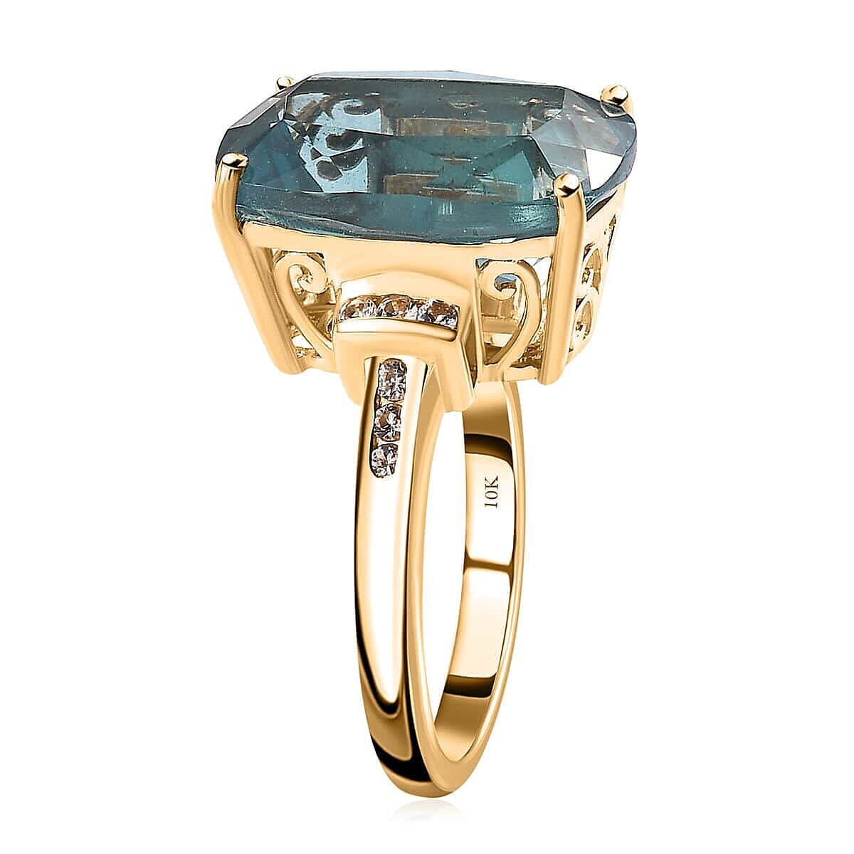 Luxoro 10K Yellow Gold Premium Teal Fluorite (IR), White Sapphire Ring (Size 10.0) 12.35 ctw