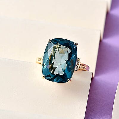 Luxoro 10K Yellow Gold Premium Teal Fluorite (IR), White Sapphire Ring (Size 6.5) 12.35 ctw