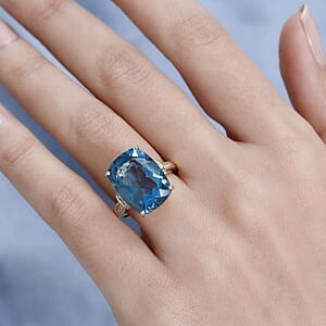 Luxoro 10K Yellow Gold Premium Teal Fluorite (IR), White Sapphire Ring (Size 6.5) 12.35 ctw
