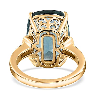 Luxoro 10K Yellow Gold Premium Teal Fluorite (IR), White Sapphire Ring (Size 6.5) 12.35 ctw