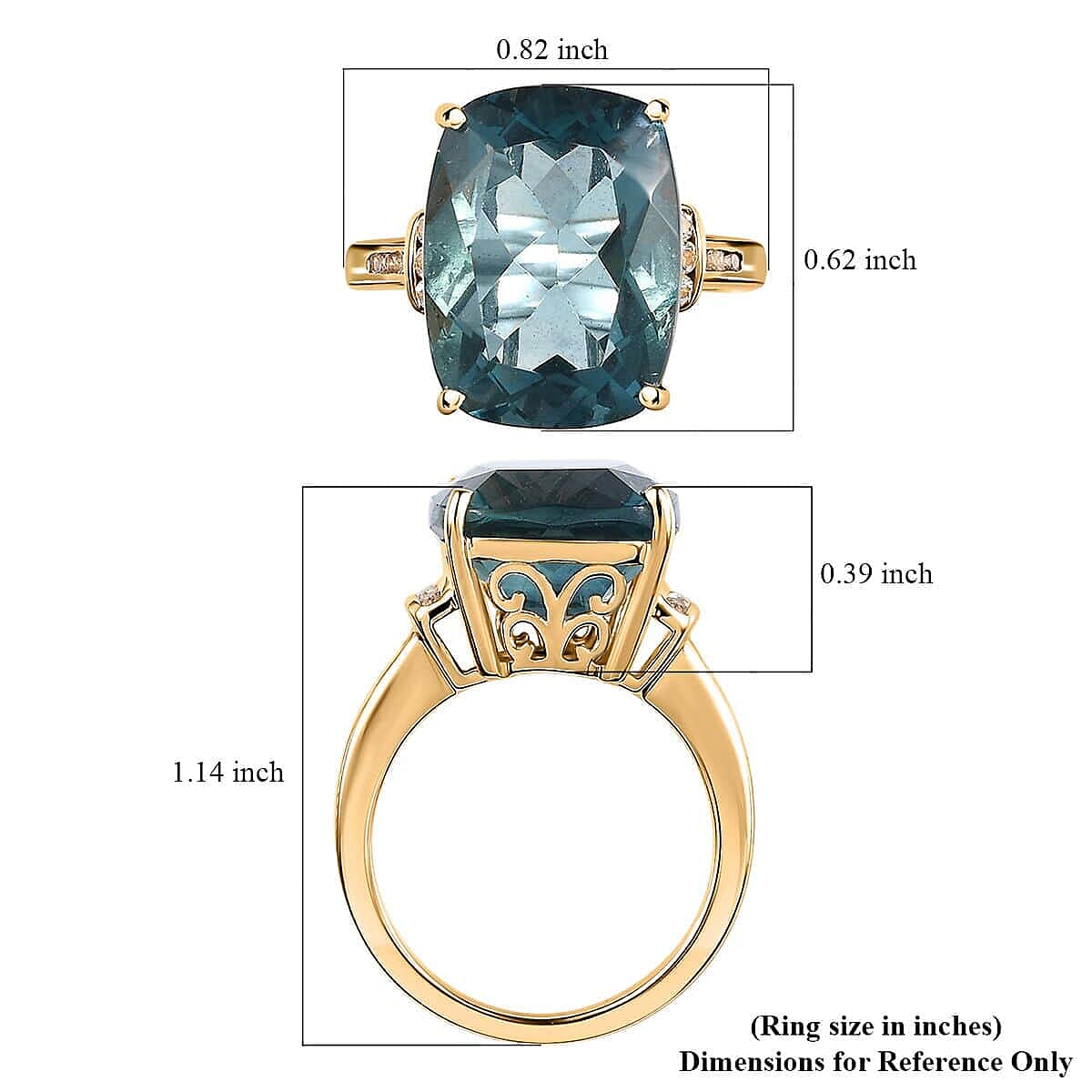 Luxoro 10K Yellow Gold Premium Teal Fluorite (IR), White Sapphire Ring (Size 6.5) 12.35 ctw