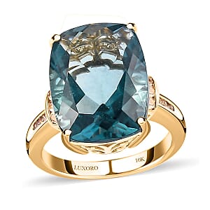 Luxoro Premium Dean Teal Fluorite (IR) and White Sapphire 12.35 ctw Ring in 10K Yellow Gold (Size 7.0)