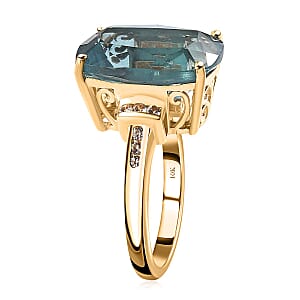 Luxoro Premium Dean Teal Fluorite (IR) and White Sapphire 12.35 ctw Ring in 10K Yellow Gold (Size 7.0)