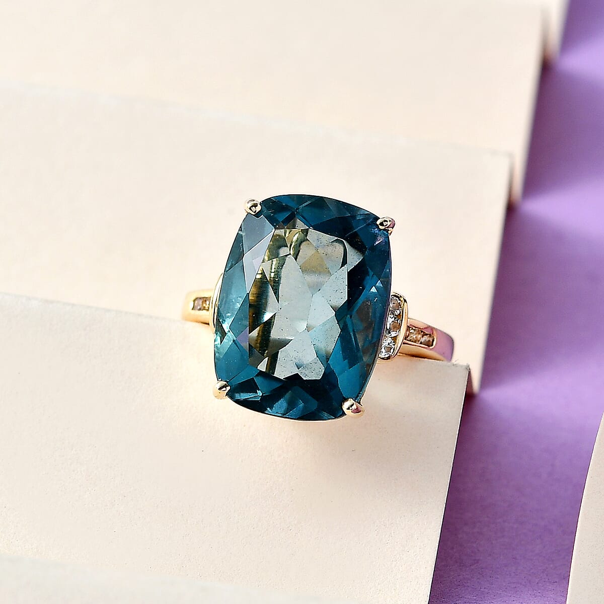 Luxoro Premium Dean Teal Fluorite (IR) and White Sapphire 12.35 ctw Ring in 10K Yellow Gold (Size 8.0) image number 1