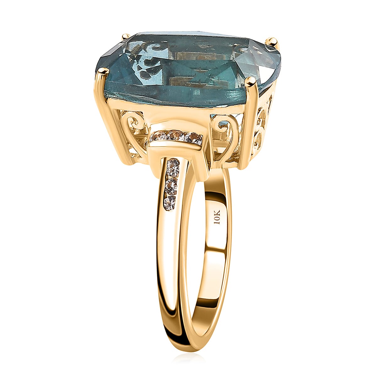 Luxoro 10K Yellow Gold Premium Dean Teal Fluorite (IR) and White Sapphire Ring (Size 9.0) 12.35 ctw image number 3