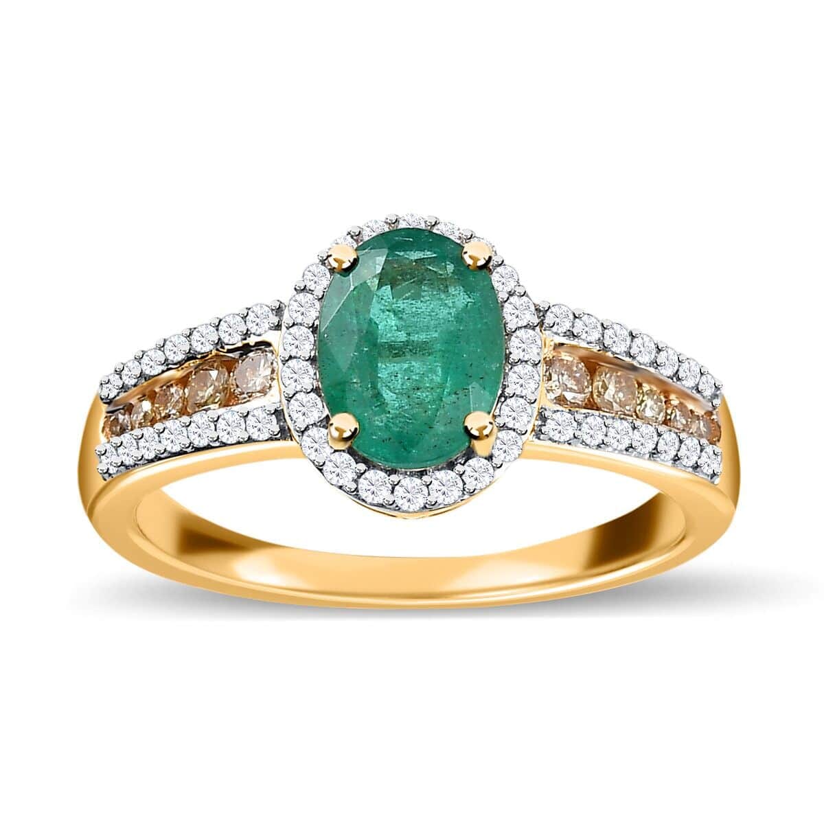 Iliana 18K Yellow Gold AAA Kagem Zambian Emerald and I1-I2 Natural Yellow and White Diamond Ring (Size 6.5) 4.10 Grams 1.60 ctw image number 0