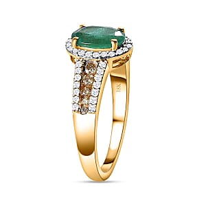 Iliana 18K Yellow Gold AAA Kagem Zambian Emerald and I1-I2 Natural Yellow and White Diamond Ring (Size 7.5) 4.10 Grams 1.60 ctw