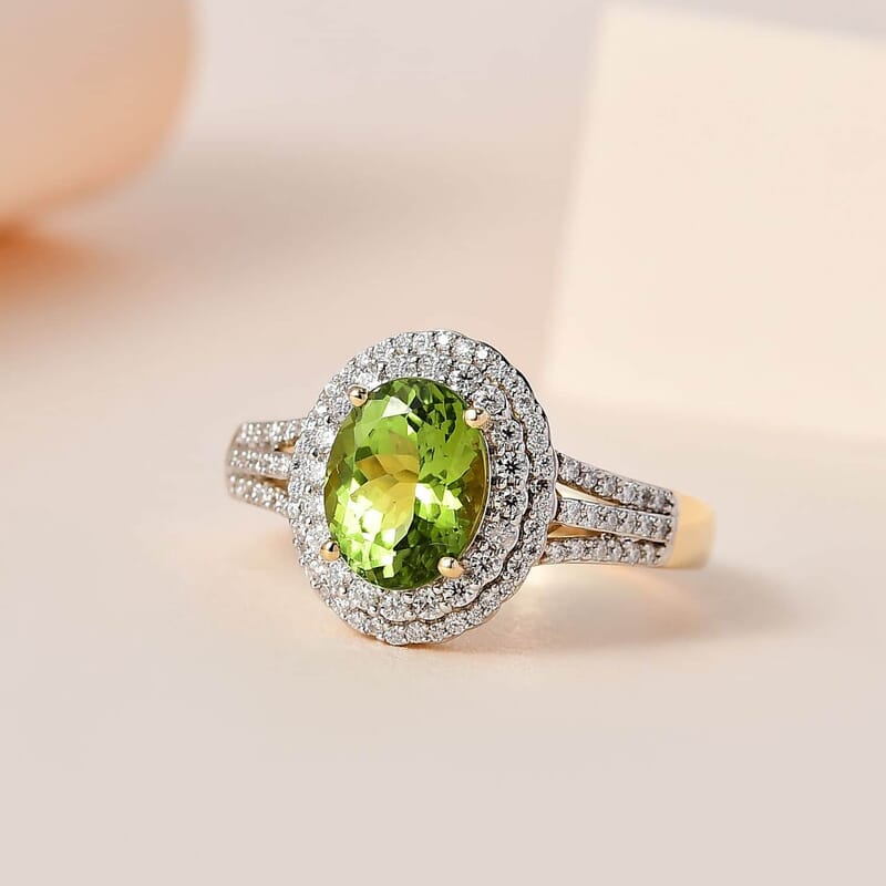 Luxoro 10K Yellow Gold Premium Natural Calabar Green Tourmaline and Moissanite Ring (Size 9.5) 4.20 Grams 2.70 ctw