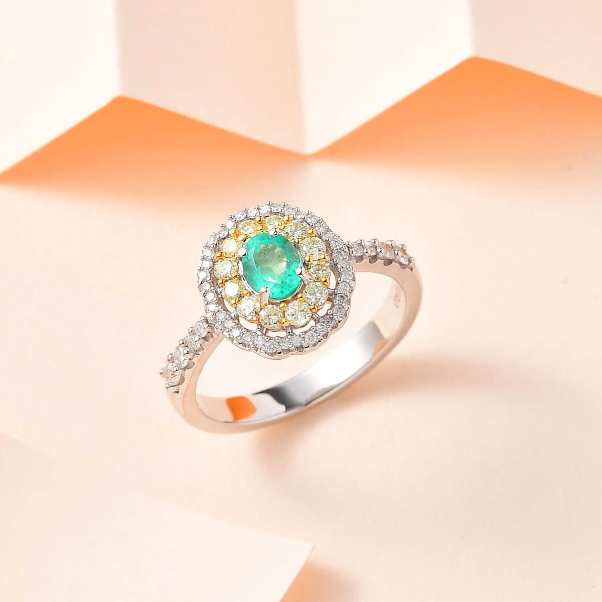 Luxoro 14K White Gold AAA Boyaca Colombian Emerald, I2 Natural Yellow and White Diamond Double Halo Ring (Size 7.5) 1.15 ctw image number 1
