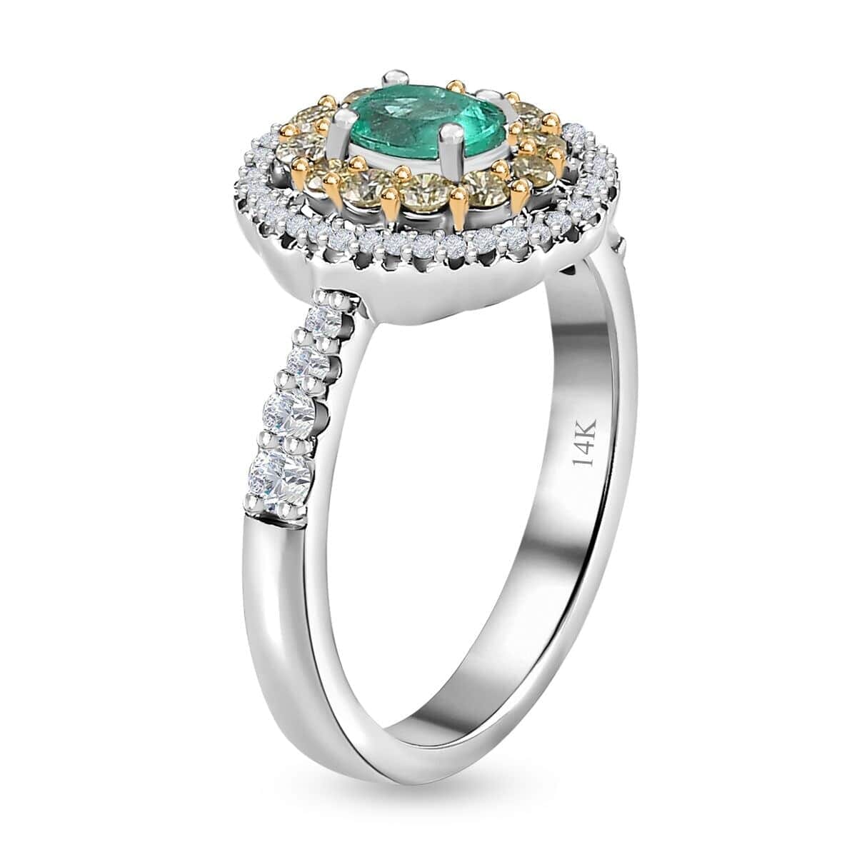 Luxoro 14K White Gold AAA Boyaca Colombian Emerald, I2 Natural Yellow and White Diamond Double Halo Ring (Size 7.5) 1.15 ctw image number 3