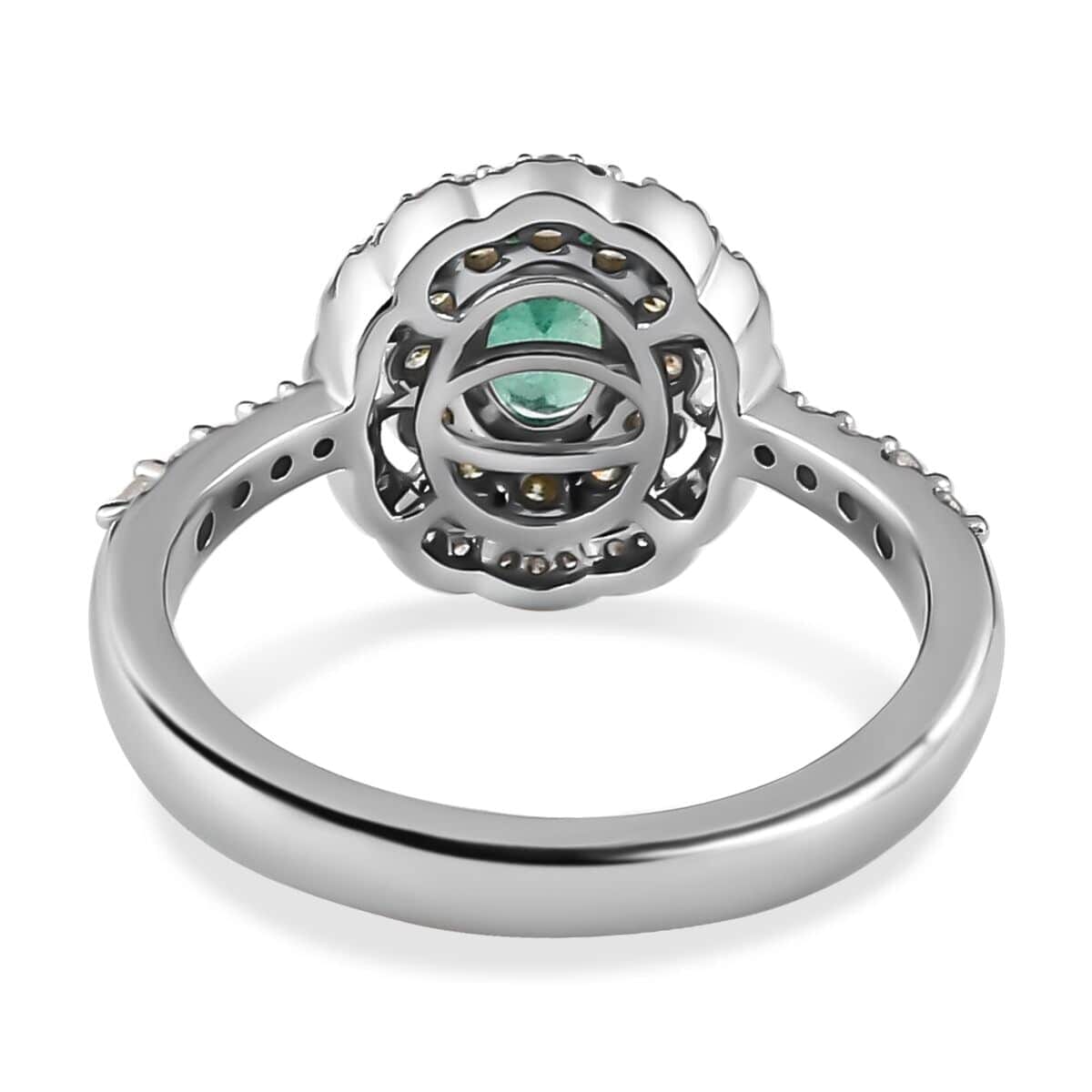 Luxoro 14K White Gold AAA Boyaca Colombian Emerald, I2 Natural Yellow and White Diamond Double Halo Ring (Size 7.5) 1.15 ctw image number 4