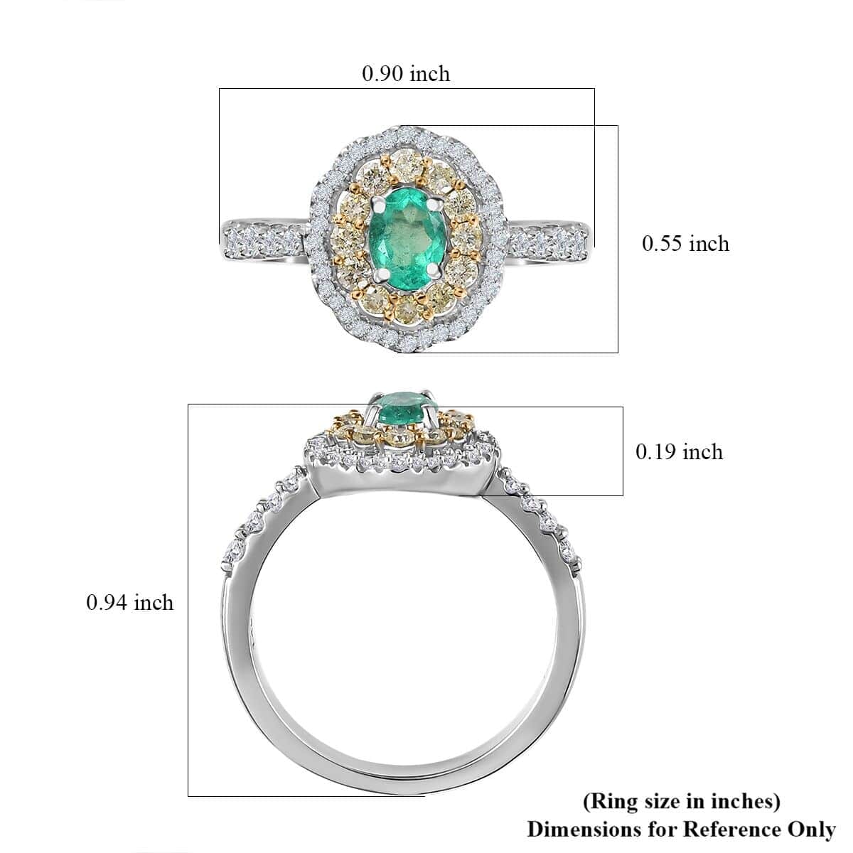 Luxoro 14K White Gold AAA Boyaca Colombian Emerald, I2 Natural Yellow and White Diamond Double Halo Ring (Size 7.5) 1.15 ctw image number 5