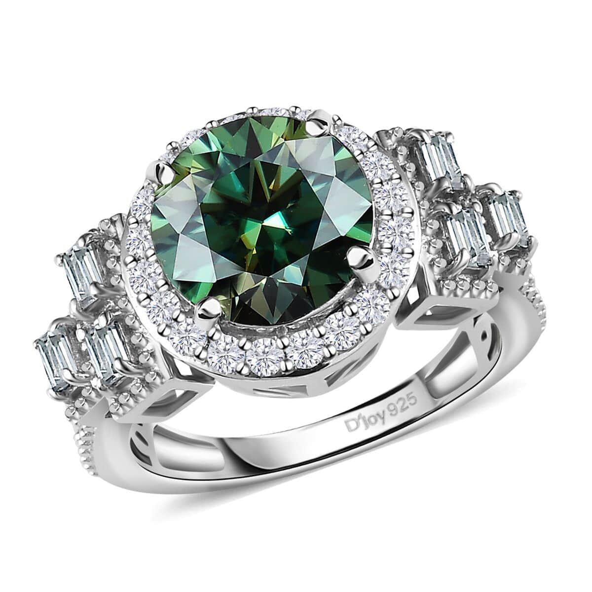 Green Moissanite and Moissanite Halo Ring in Platinum Over Sterling Silver (Size 10.0) 3.30 ctw image number 0