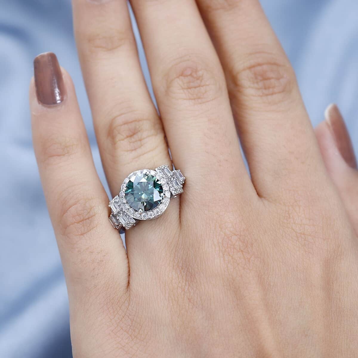 Green Moissanite and Moissanite Halo Ring in Platinum Over Sterling Silver (Size 10.0) 3.30 ctw image number 2