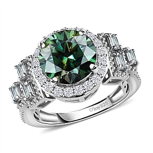 Green Moissanite and Moissanite Halo Ring in Platinum Over Sterling Silver (Size 5.0) 3.30 ctw