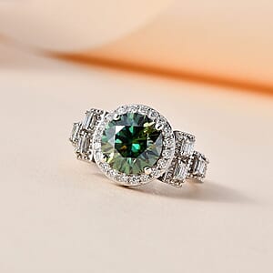 Green Moissanite and Moissanite Halo Ring in Platinum Over Sterling Silver (Size 5.0) 3.30 ctw