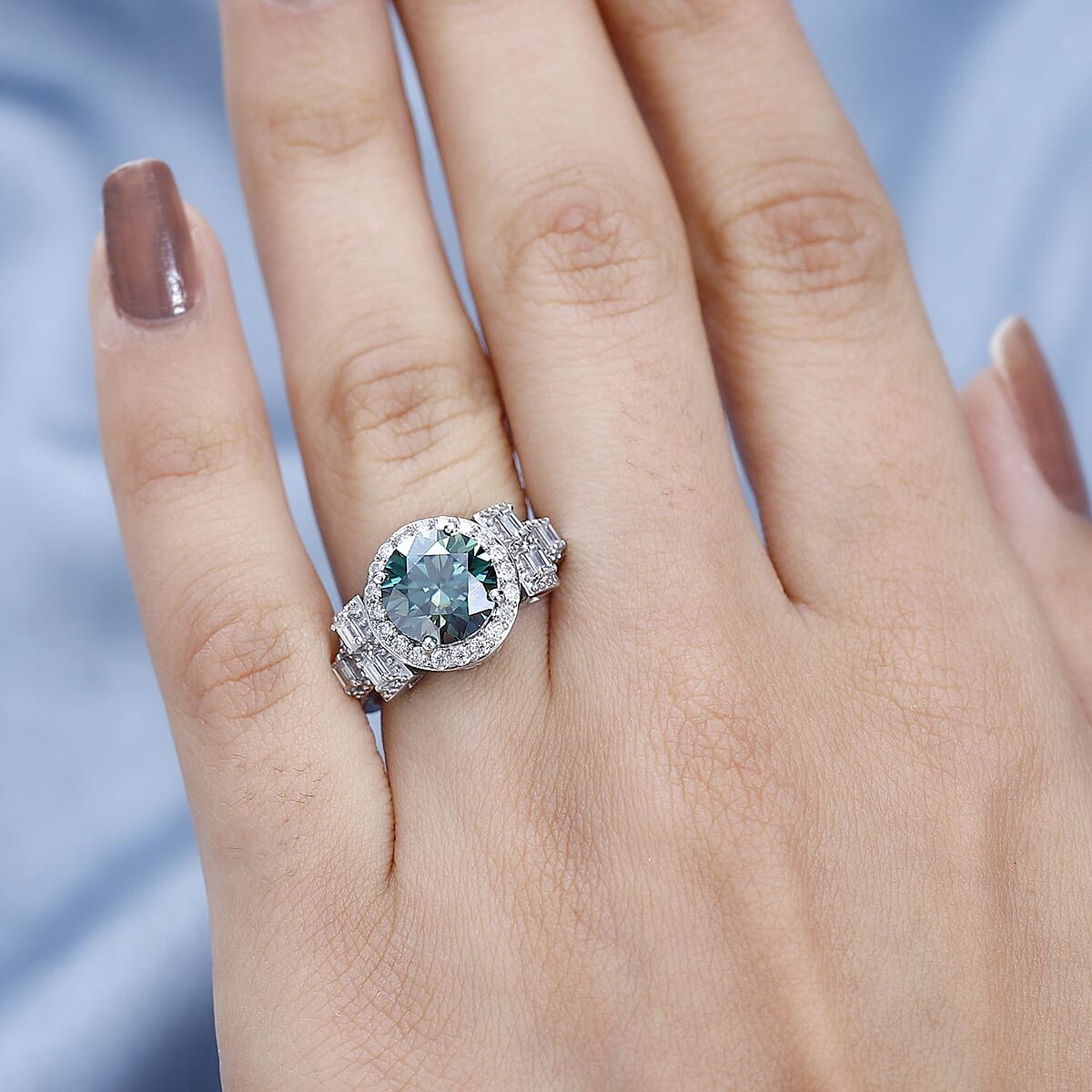 Green Moissanite and Moissanite Halo Ring in Platinum Over Sterling Silver (Size 5.0) 3.30 ctw image number 2