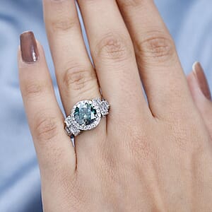 Green Moissanite and Moissanite Halo Ring in Platinum Over Sterling Silver (Size 5.0) 3.30 ctw