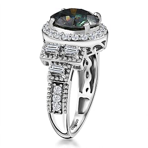 Green Moissanite and Moissanite Halo Ring in Platinum Over Sterling Silver (Size 5.0) 3.30 ctw