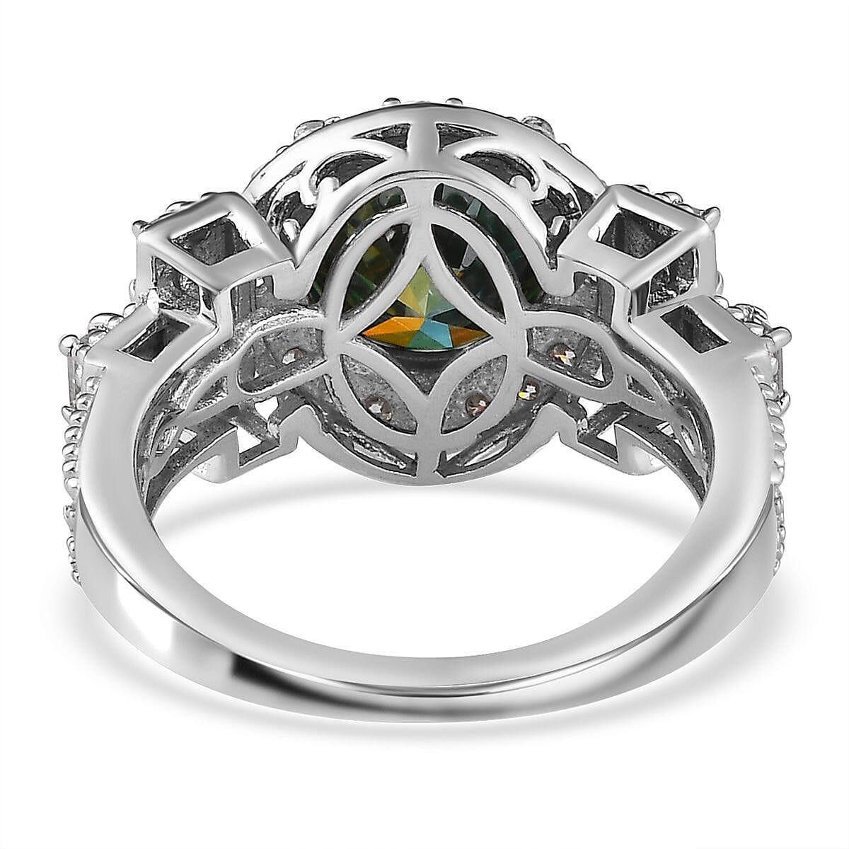 Green Moissanite and Moissanite Halo Ring in Platinum Over Sterling Silver (Size 5.0) 3.30 ctw image number 4