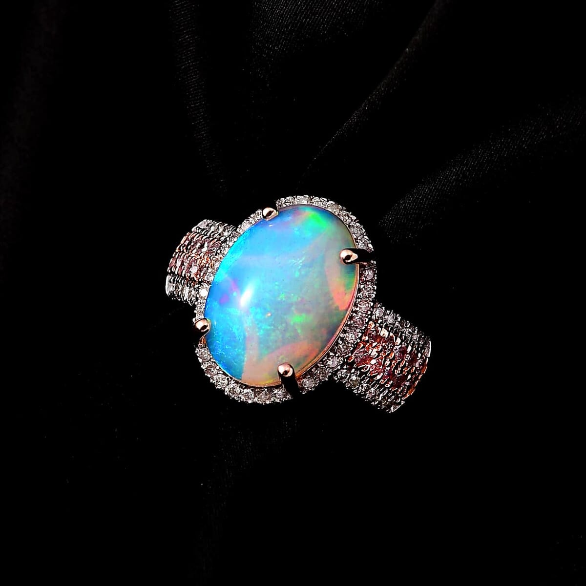 Luxoro 10K Rose Gold AAA Ethiopian Welo Opal, I3 Natural Pink and White Diamond Halo Ring (Size 5.5) 4.65 Grams 4.60 ctw image number 2