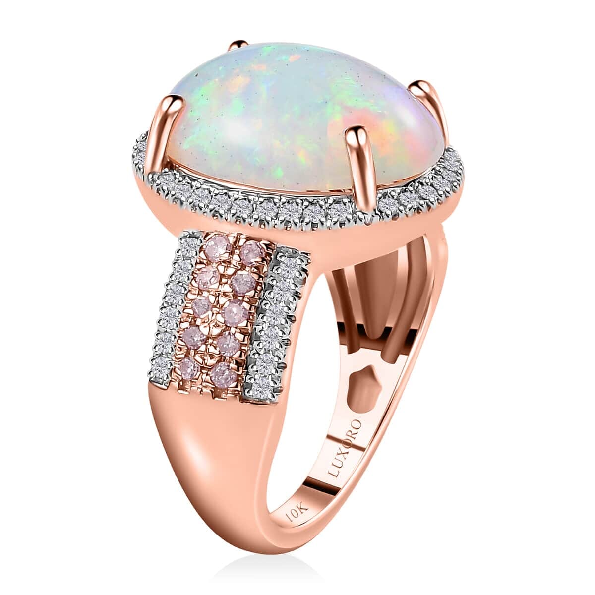 Luxoro 10K Rose Gold AAA Ethiopian Welo Opal, I3 Natural Pink and White Diamond Halo Ring (Size 5.5) 4.65 Grams 4.60 ctw image number 4