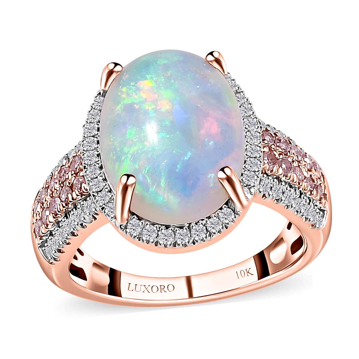 Luxoro 10K Rose Gold AAA Ethiopian Welo Opal, I3 Natural Pink and White Diamond Halo Ring (Size 8.5) 4.65 Grams 4.60 ctw image number 0