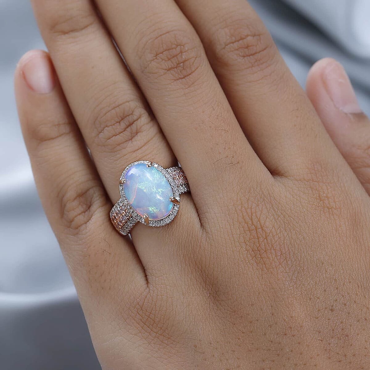 Luxoro 10K Rose Gold AAA Ethiopian Welo Opal, I3 Natural Pink and White Diamond Halo Ring (Size 8.5) 4.65 Grams 4.60 ctw image number 3