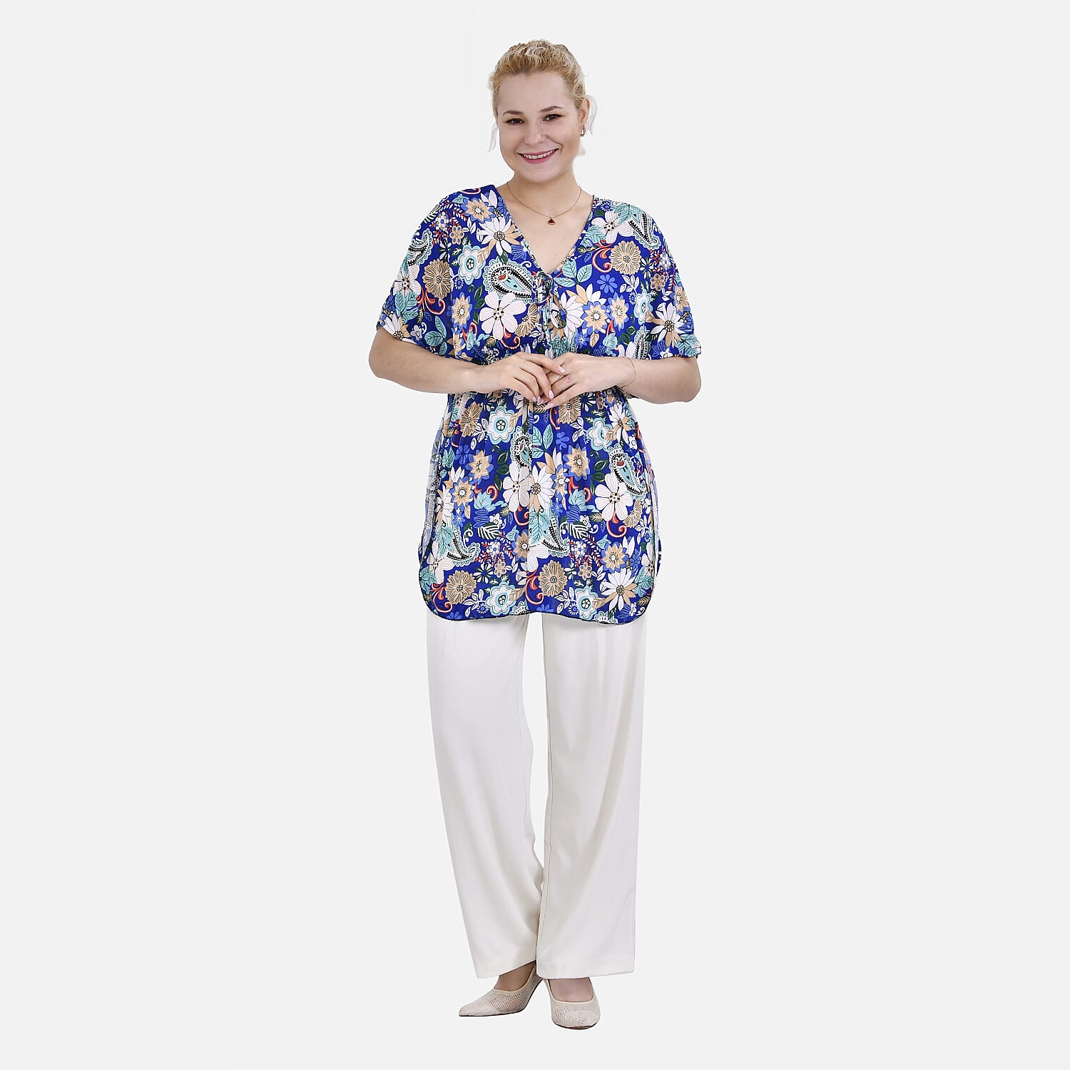 Tamsy Blue Paisley Floral V-neck Top with Kimono Style Arm - One Size Fits Most