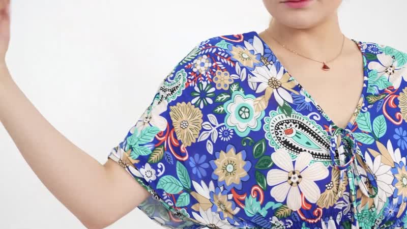 Tamsy Blue Paisley Floral Vneck Top with Kimono Style Arm - One Size Fits Most