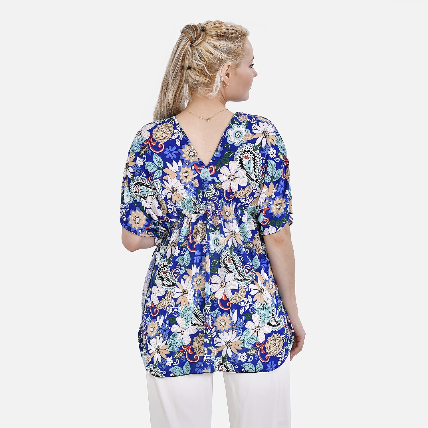 Tamsy Blue Paisley Floral V-neck Top with Kimono Style Arm - One Size Fits Most